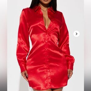 Elegant Red Satin Shirt Dress